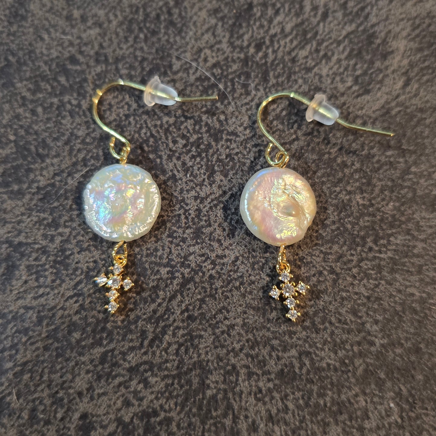 18k gold plated freshwater coin pearl earrings with CZ accent cross