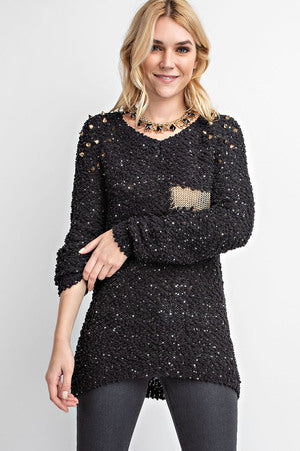 Black V Neck Long Sweater with studs and chain mesh