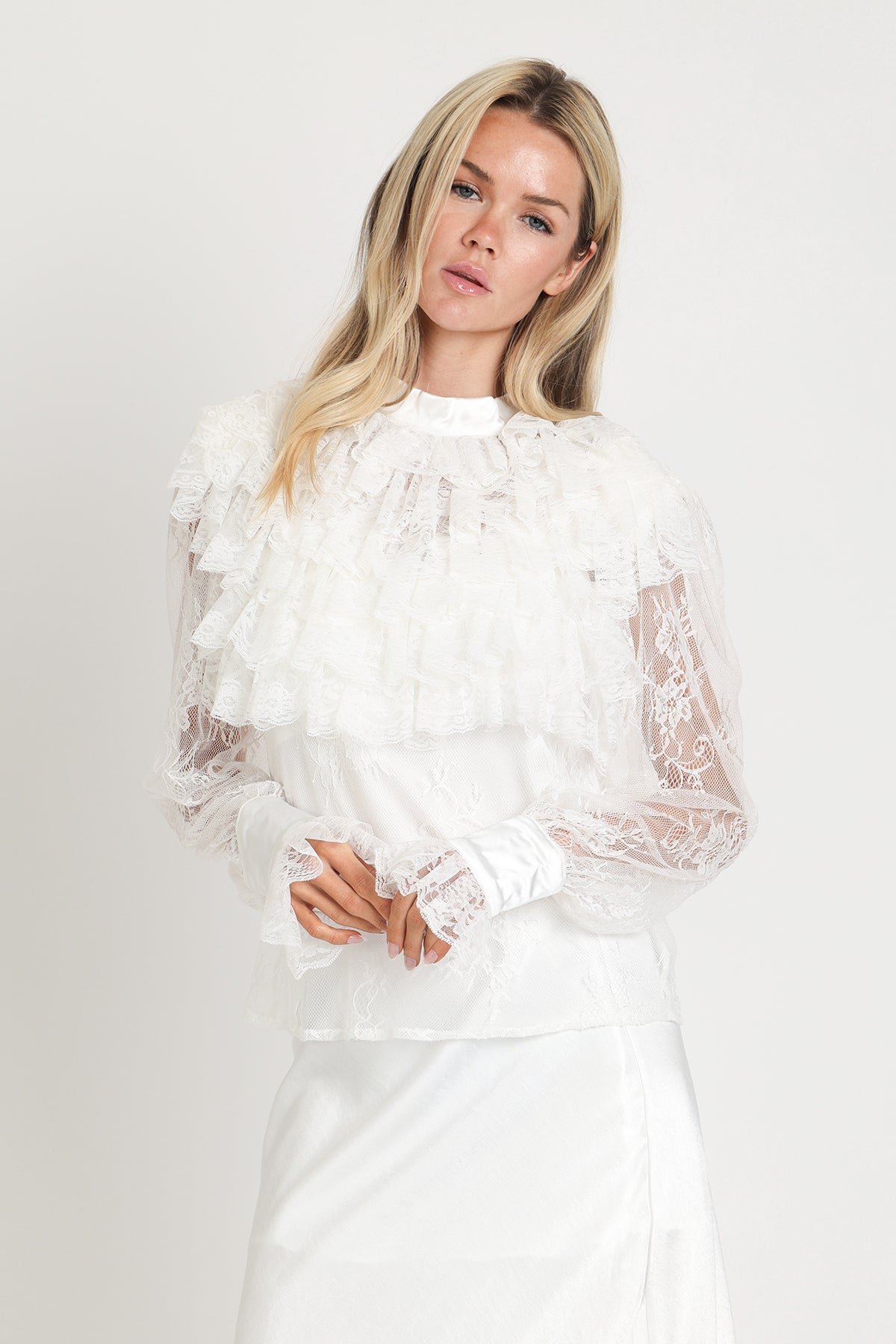White Lace Ruffle Blouse