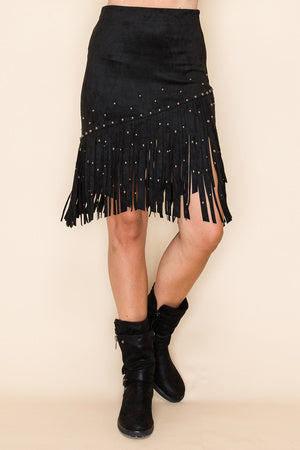 Black Suede skirt with studs and fringe