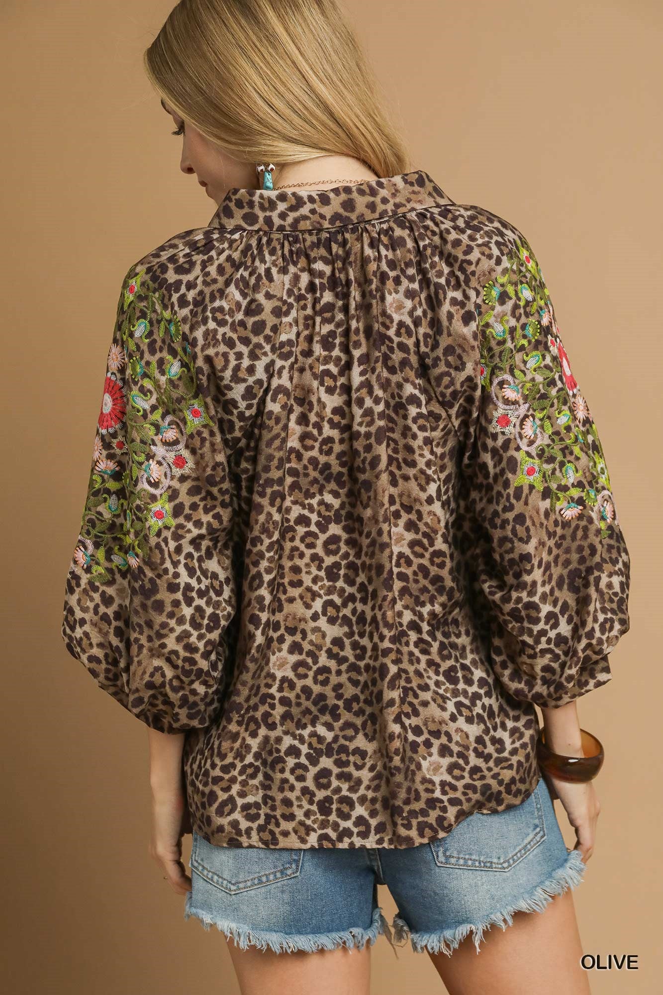 Leopard Print Top with Embroidered Sleeves