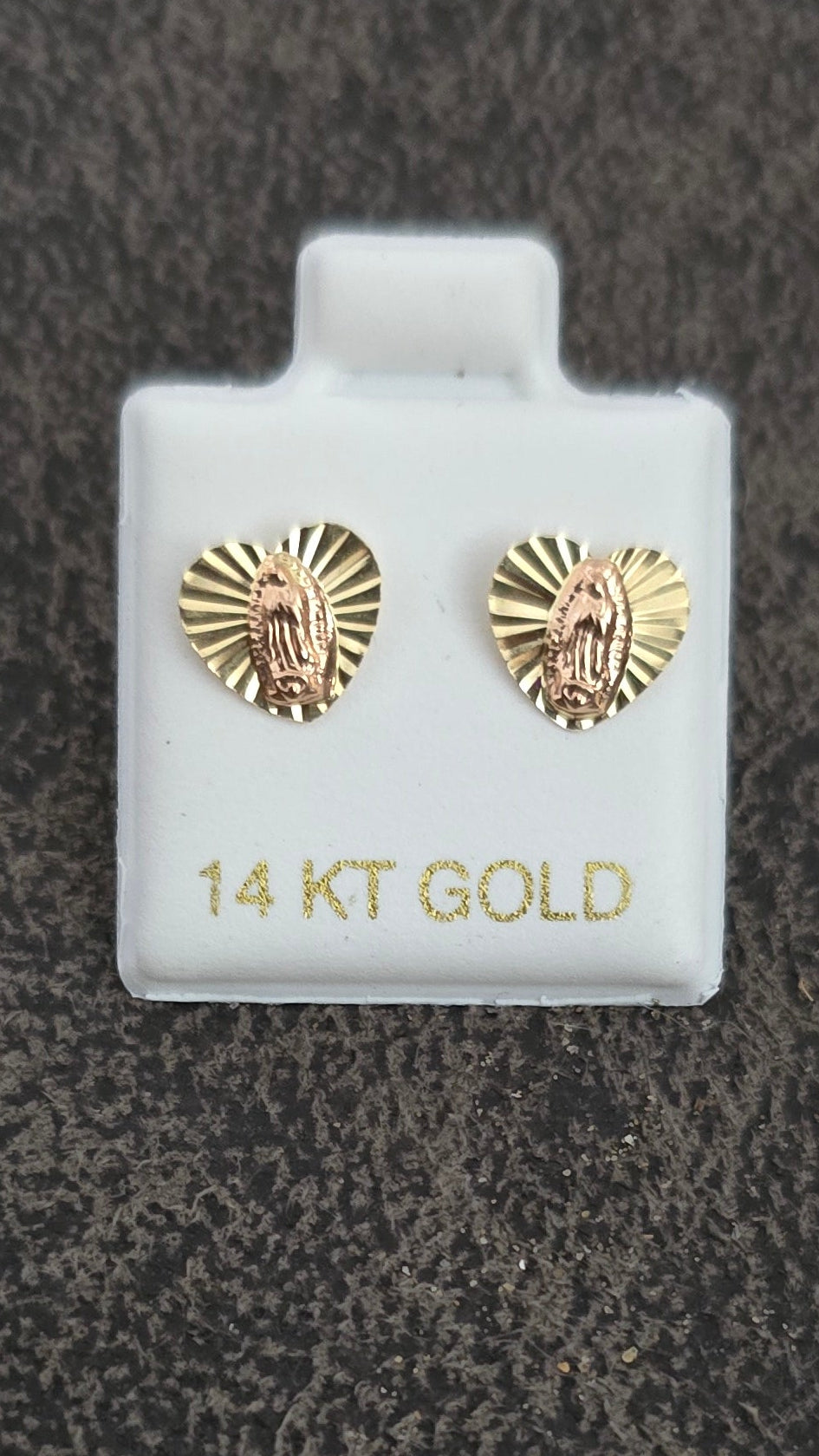 14 Karat Yellow Gold Heart Virgen of Guadelupe Screw Back Earrings