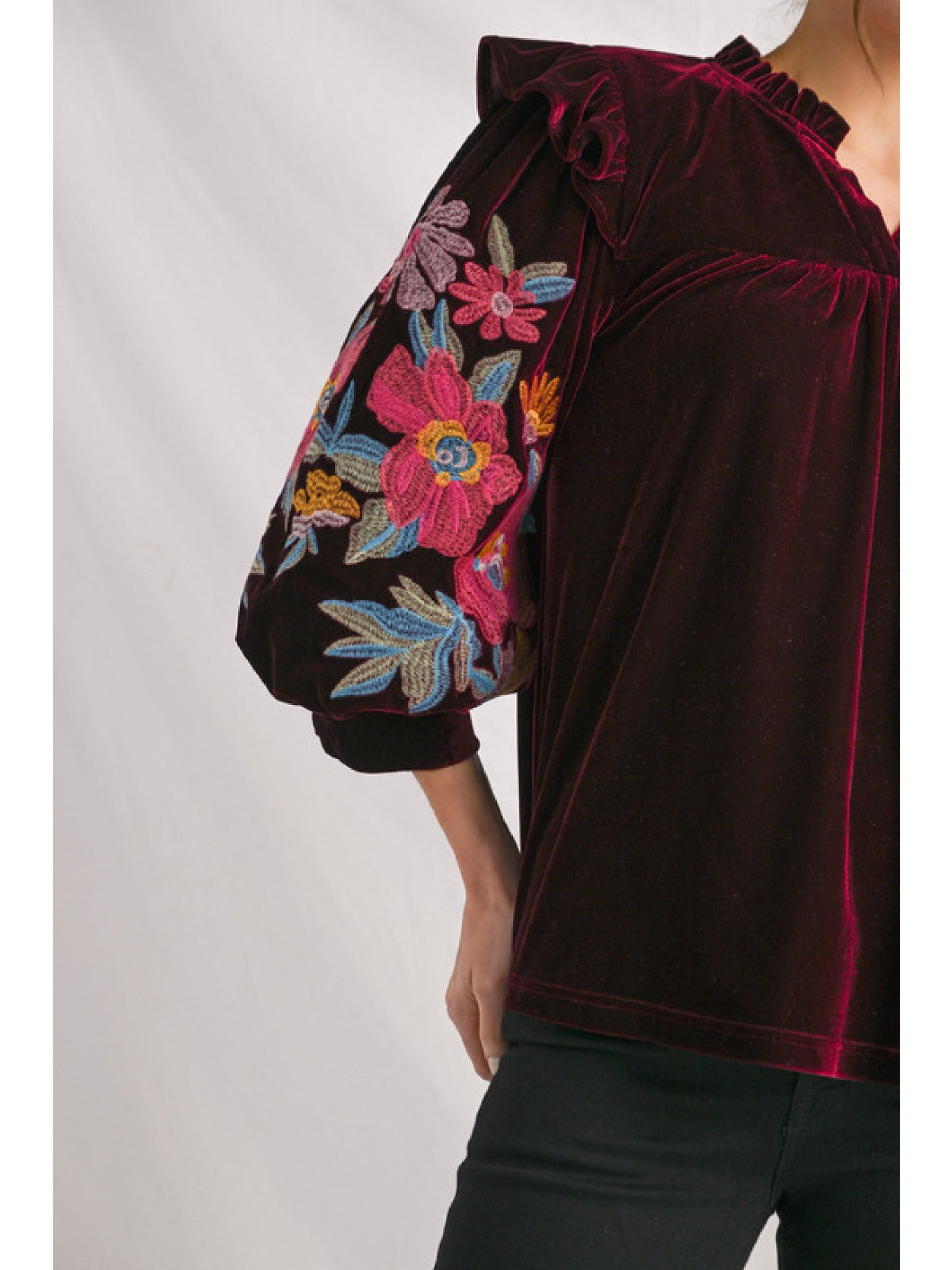 Floral Embroidery Velvet Top