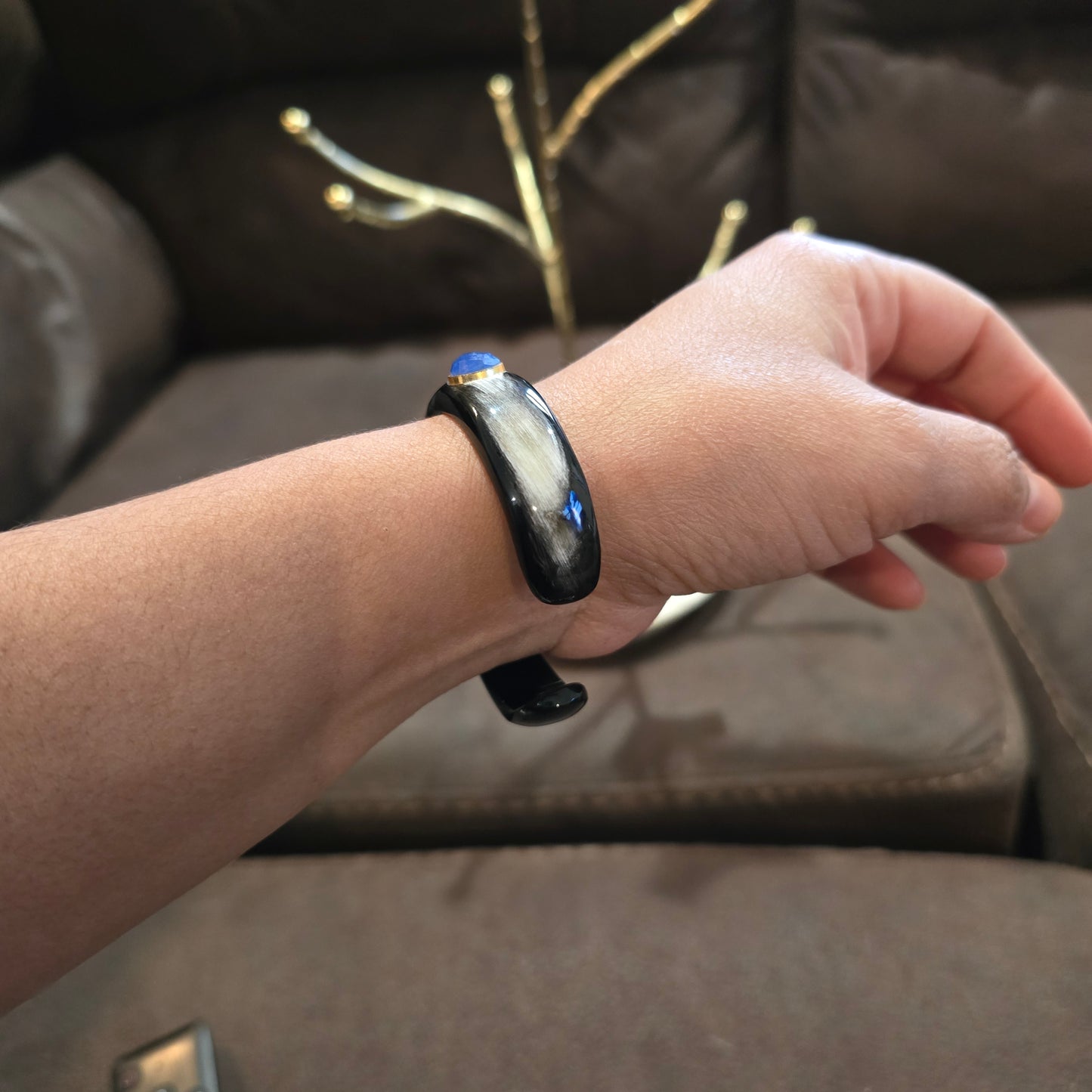 Natural Buffalo horn cuff with lapis stones