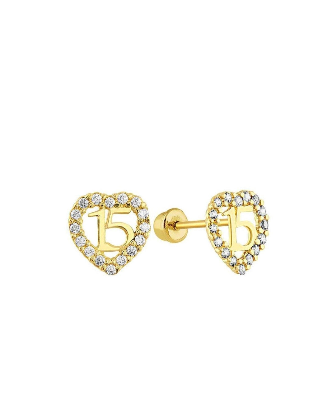 14 Karat Yellow Gold Heart CZ Quinceanera Screw Back Stud Earring