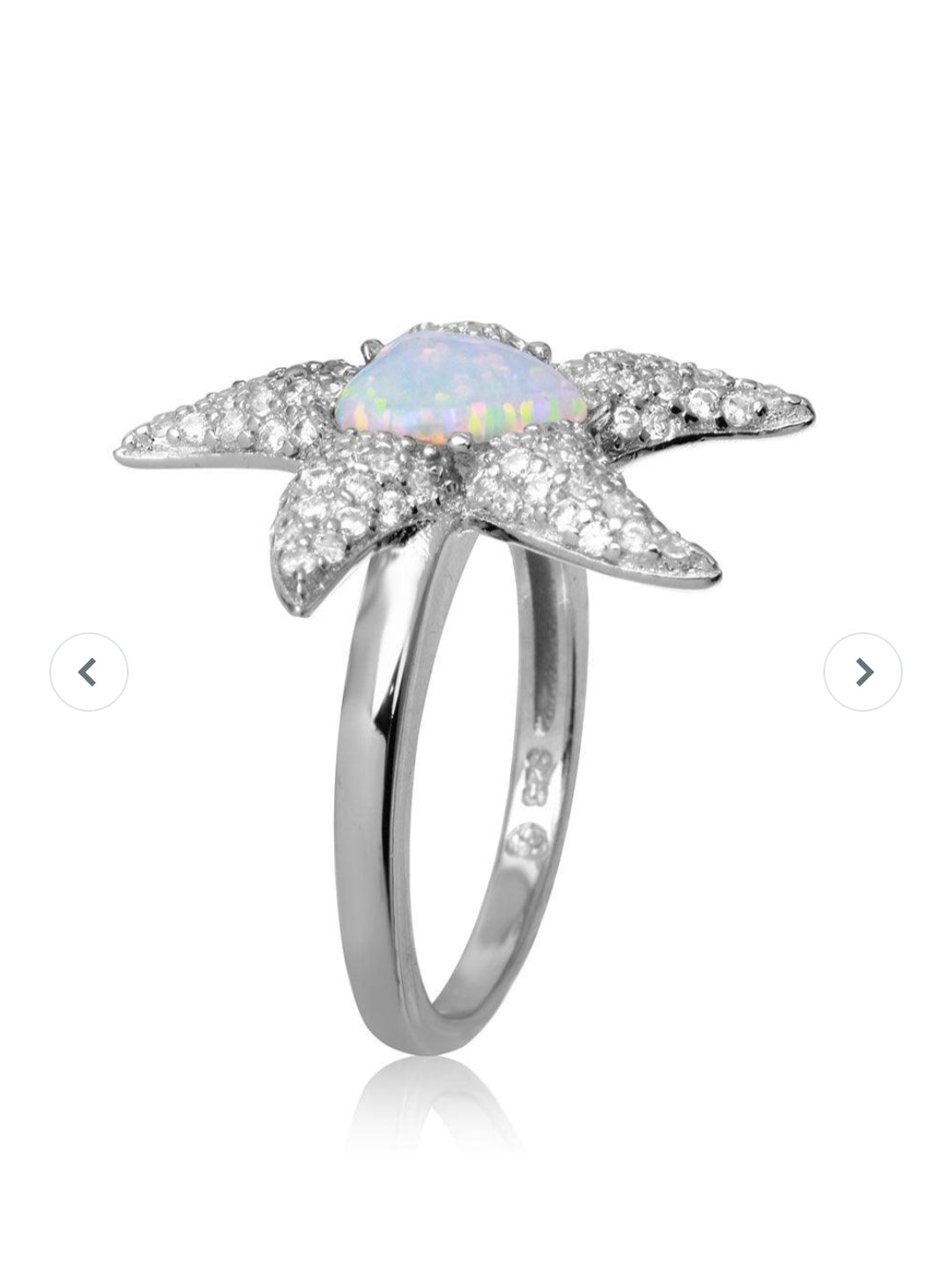 Silver 925 Rhodium Plated Starfish Ring with Synthetic Opal and CZ