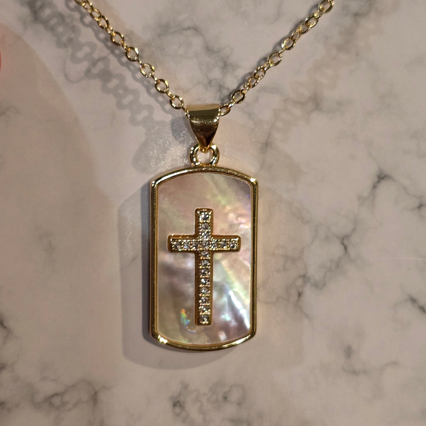 18k gold plated Mother of pearl with pave cross pendant