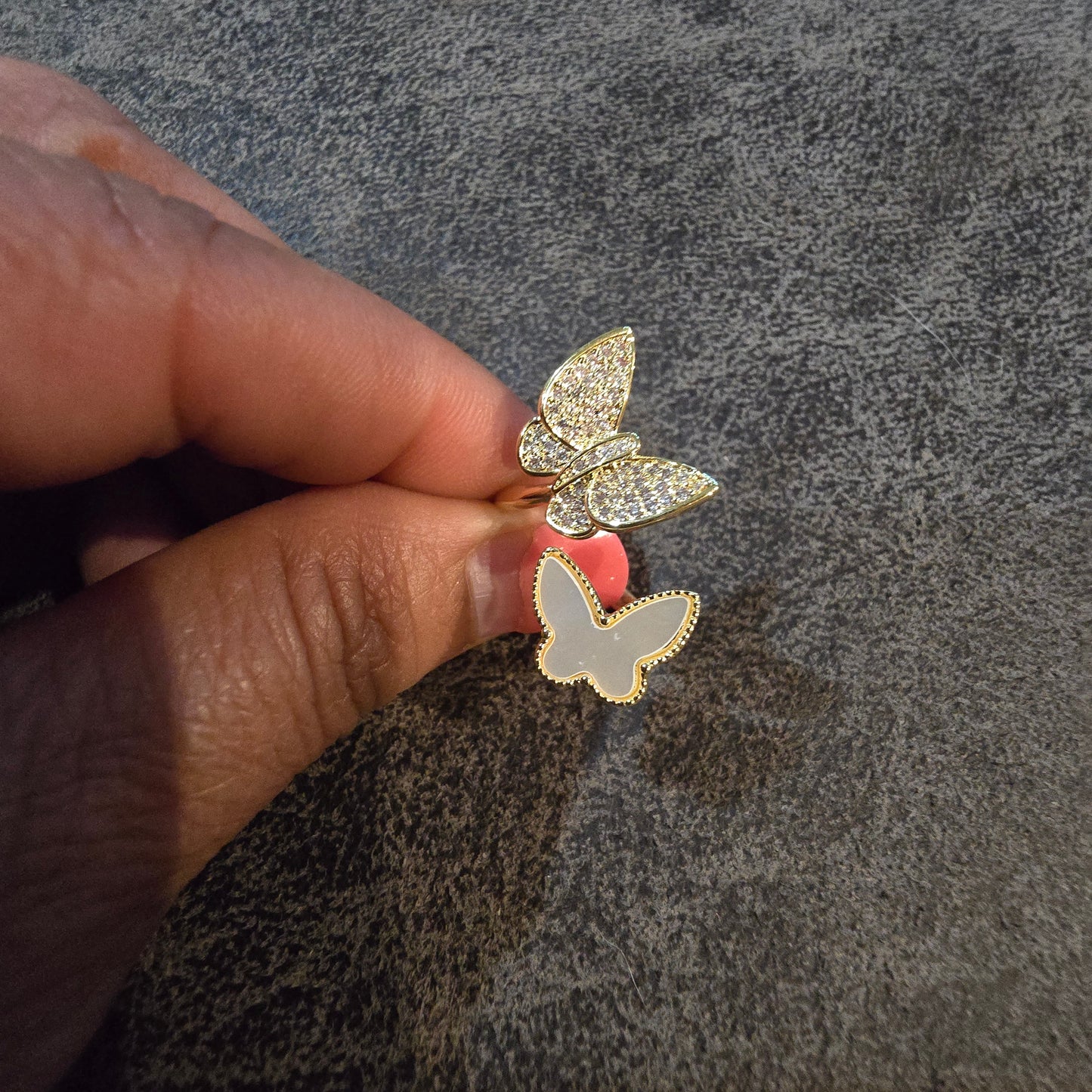 18k gold plated Mother of pearl and cz accent butterfly ring size 7