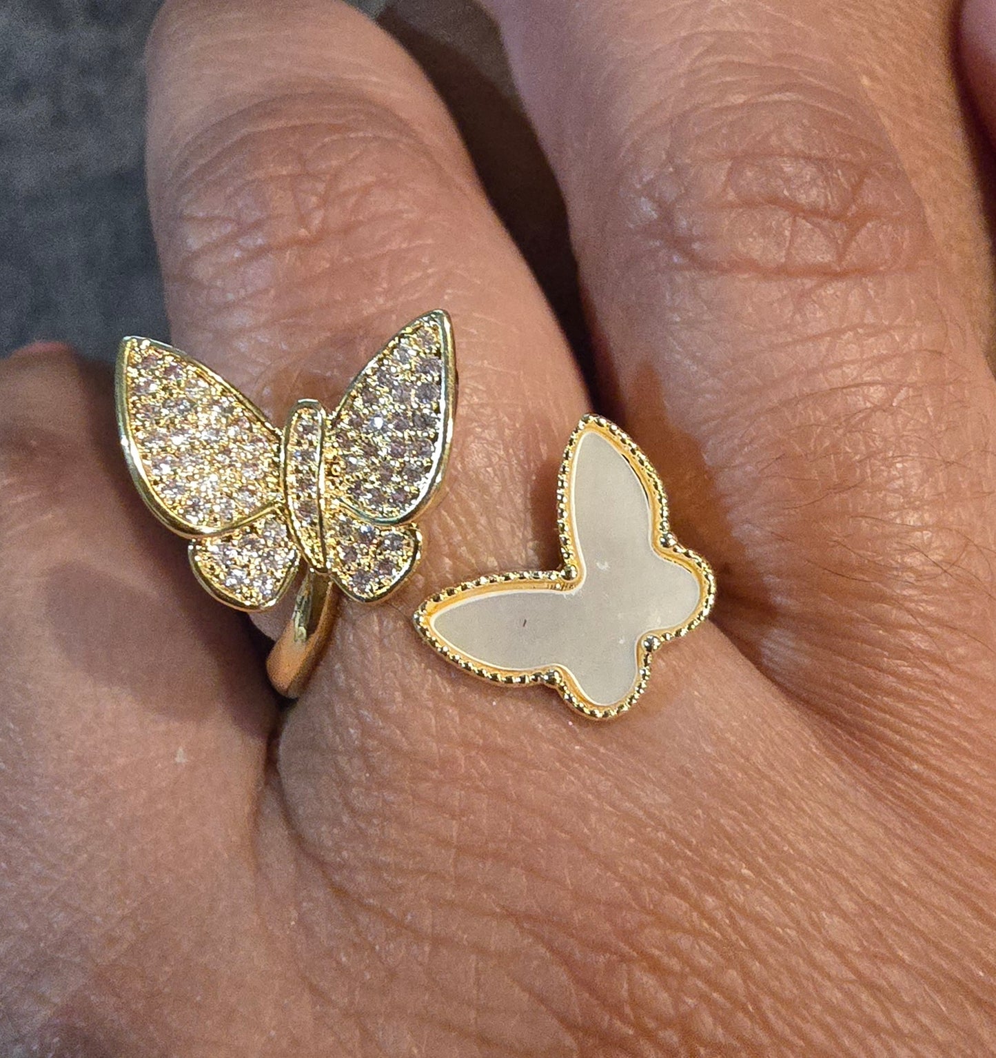 18k gold plated Mother of pearl and cz accent butterfly ring size 7
