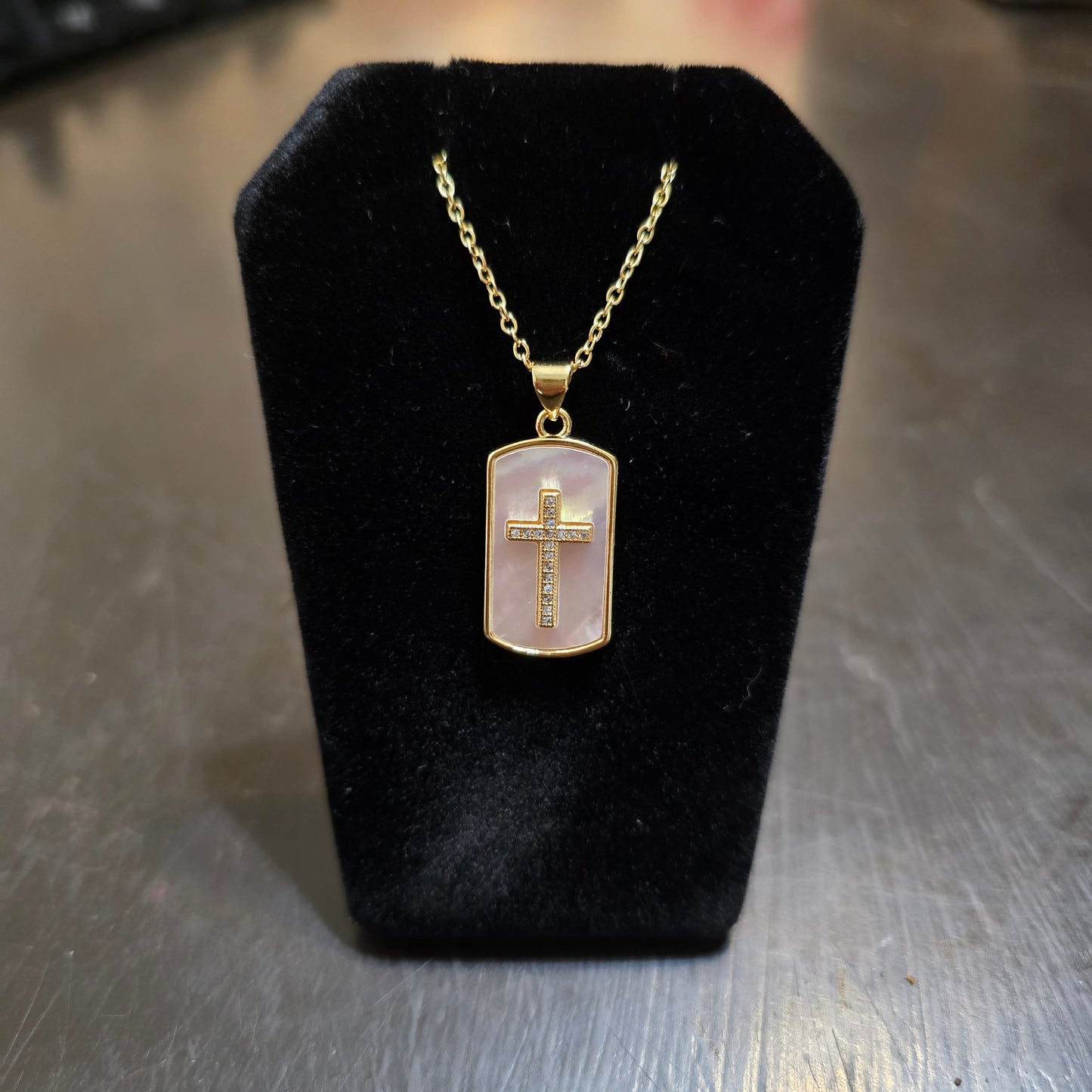 18k gold plated Mother of pearl with pave cross pendant