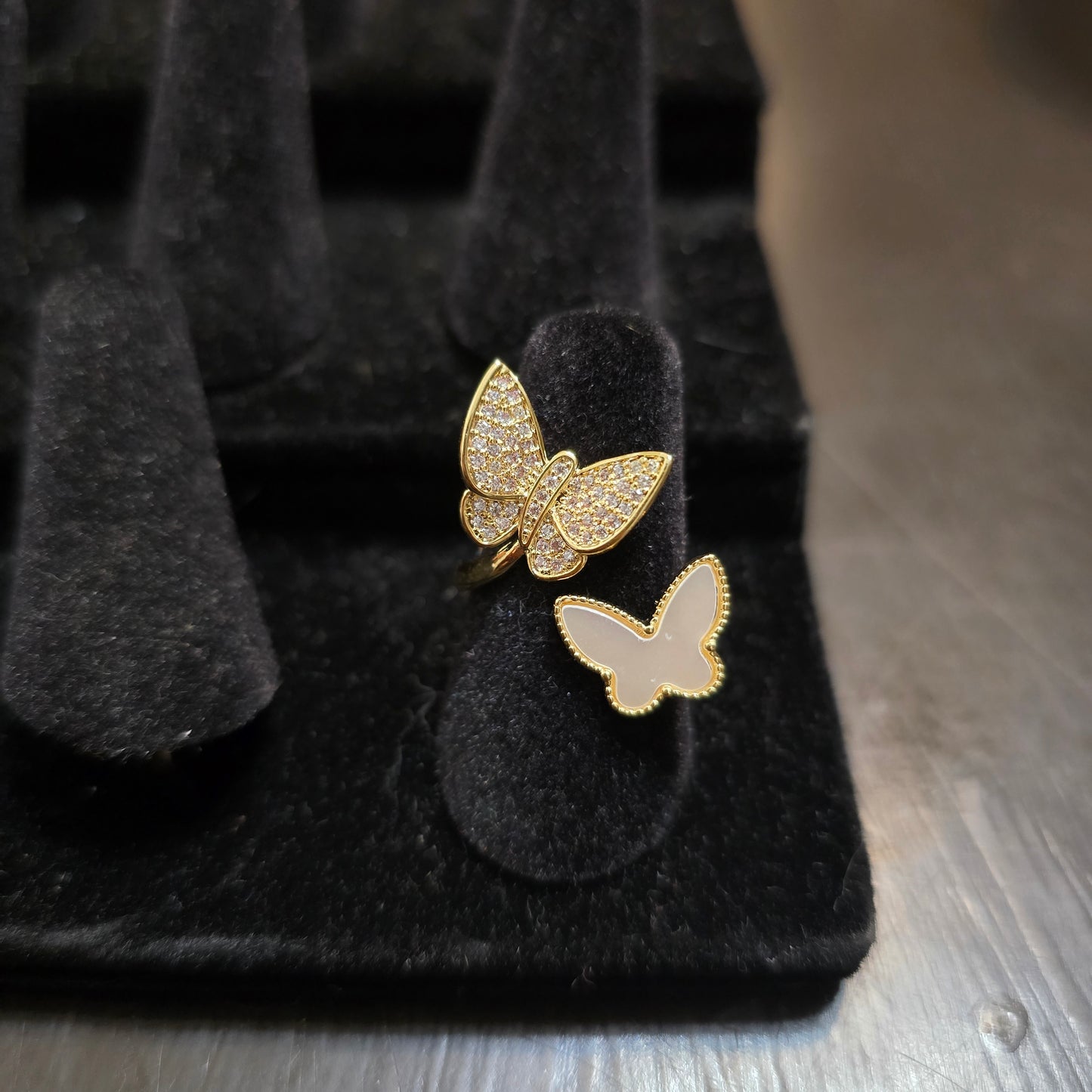 18k gold plated Mother of pearl and cz accent butterfly ring size 7