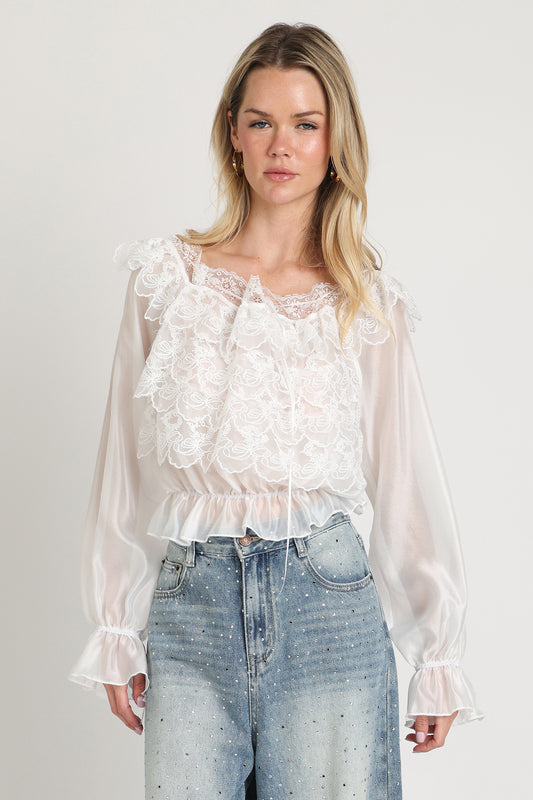 White Lace Ruffle Cinch Blouse