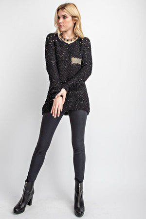 Black V Neck Long Sweater with studs and chain mesh