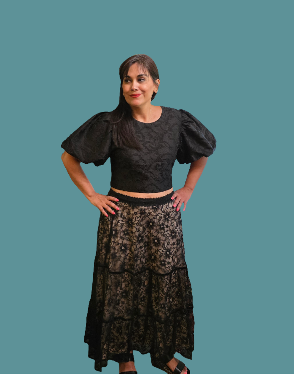 Black top with puffy short sleeve