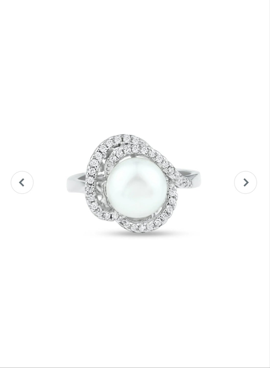 Rhodium Plated 925 Sterling Silver White Pearl and Clear CZ Ring