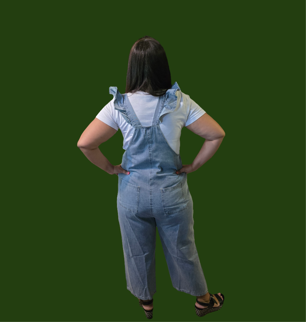 Denim jumper with ruffle straps