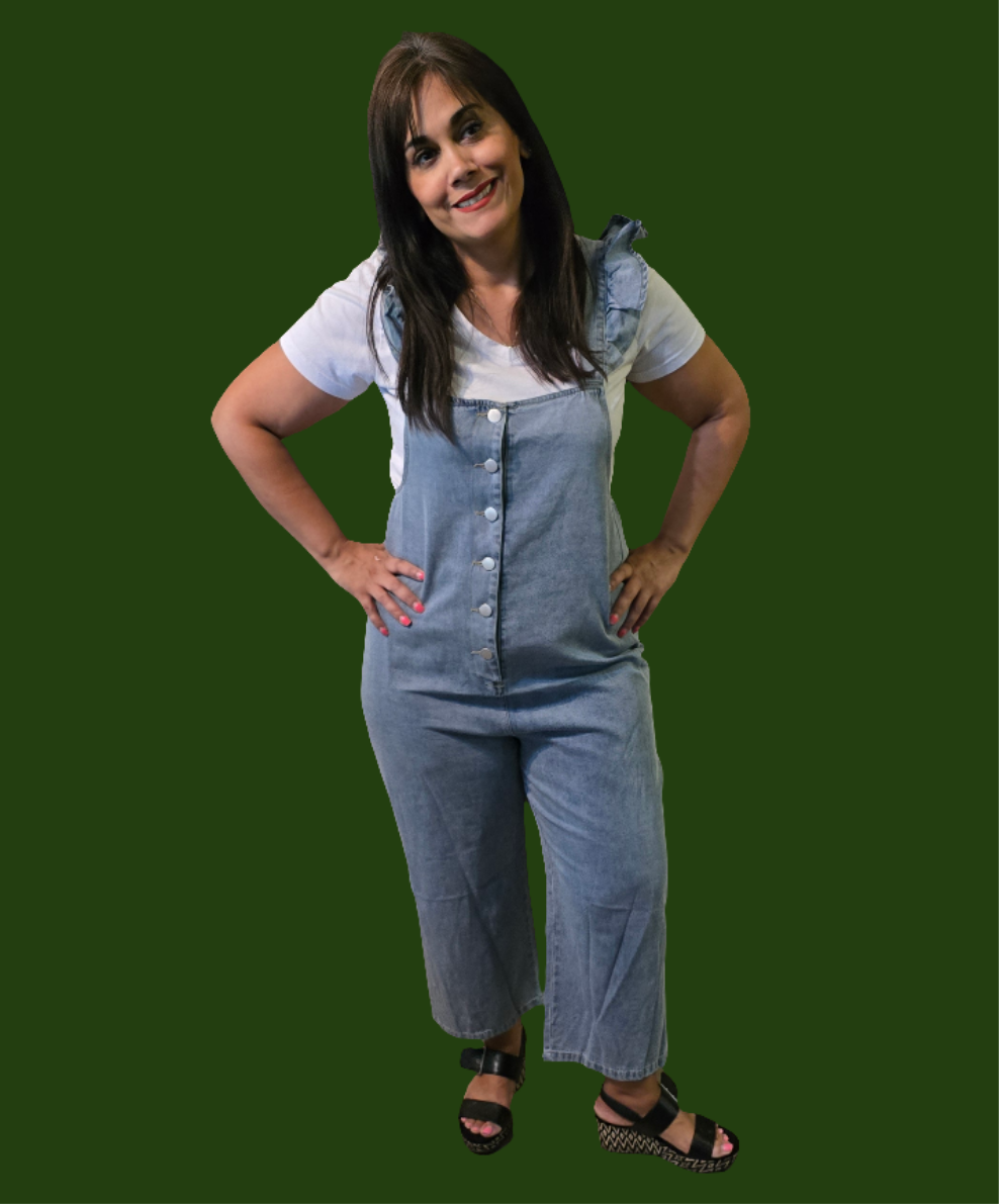 Denim jumper with ruffle straps