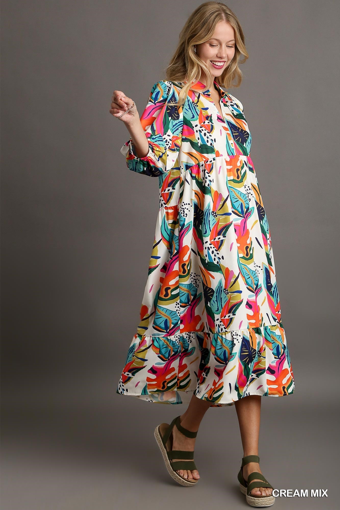 Tropical Print A-Line Collared V-Neck Midi Dress