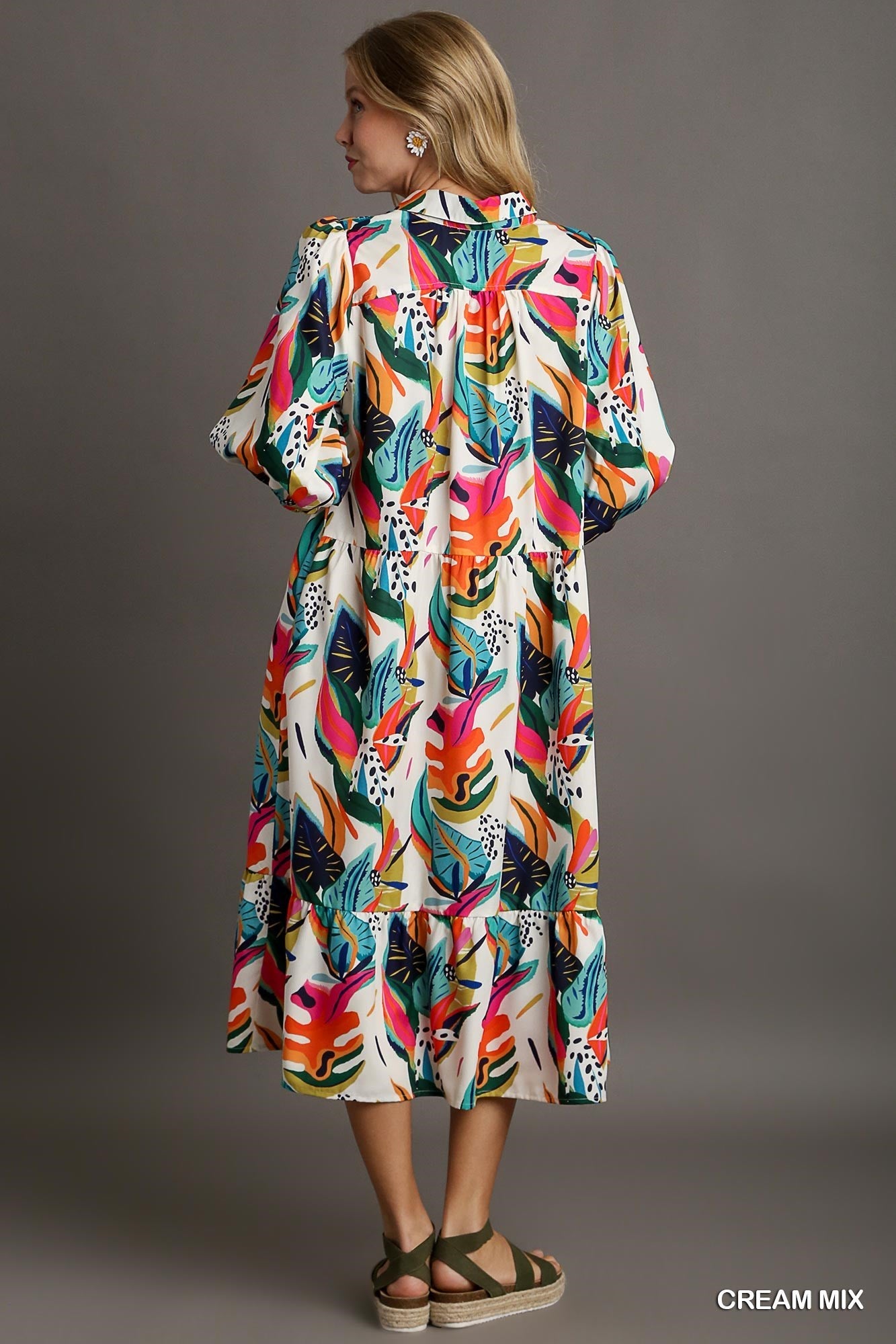 Tropical Print A-Line Collared V-Neck Midi Dress