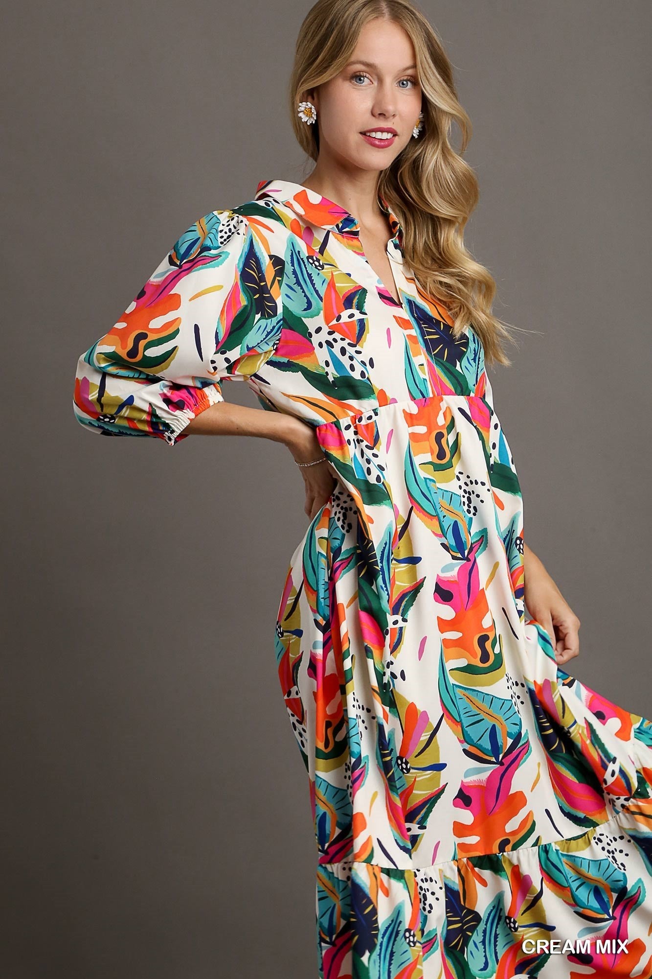 Tropical Print A-Line Collared V-Neck Midi Dress