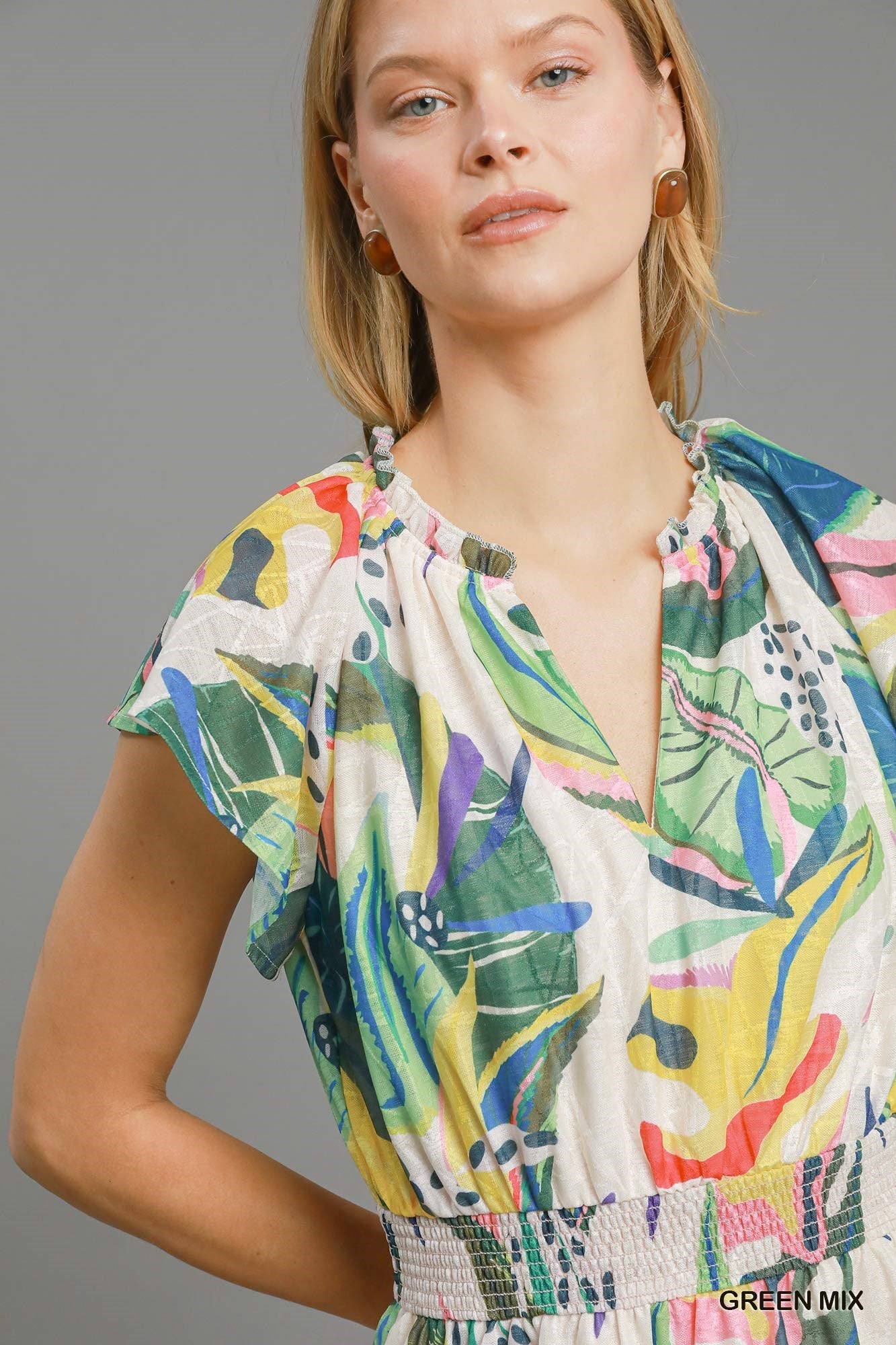 Leaf print tiered dress