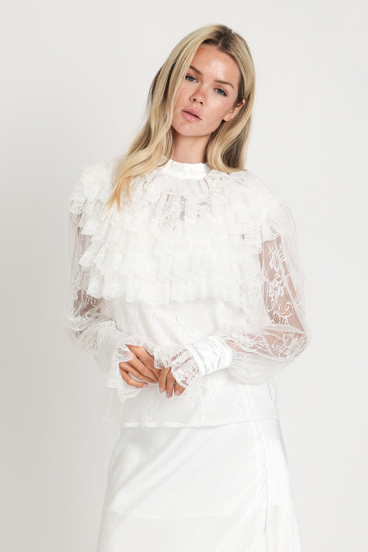 White Lace Ruffle Blouse