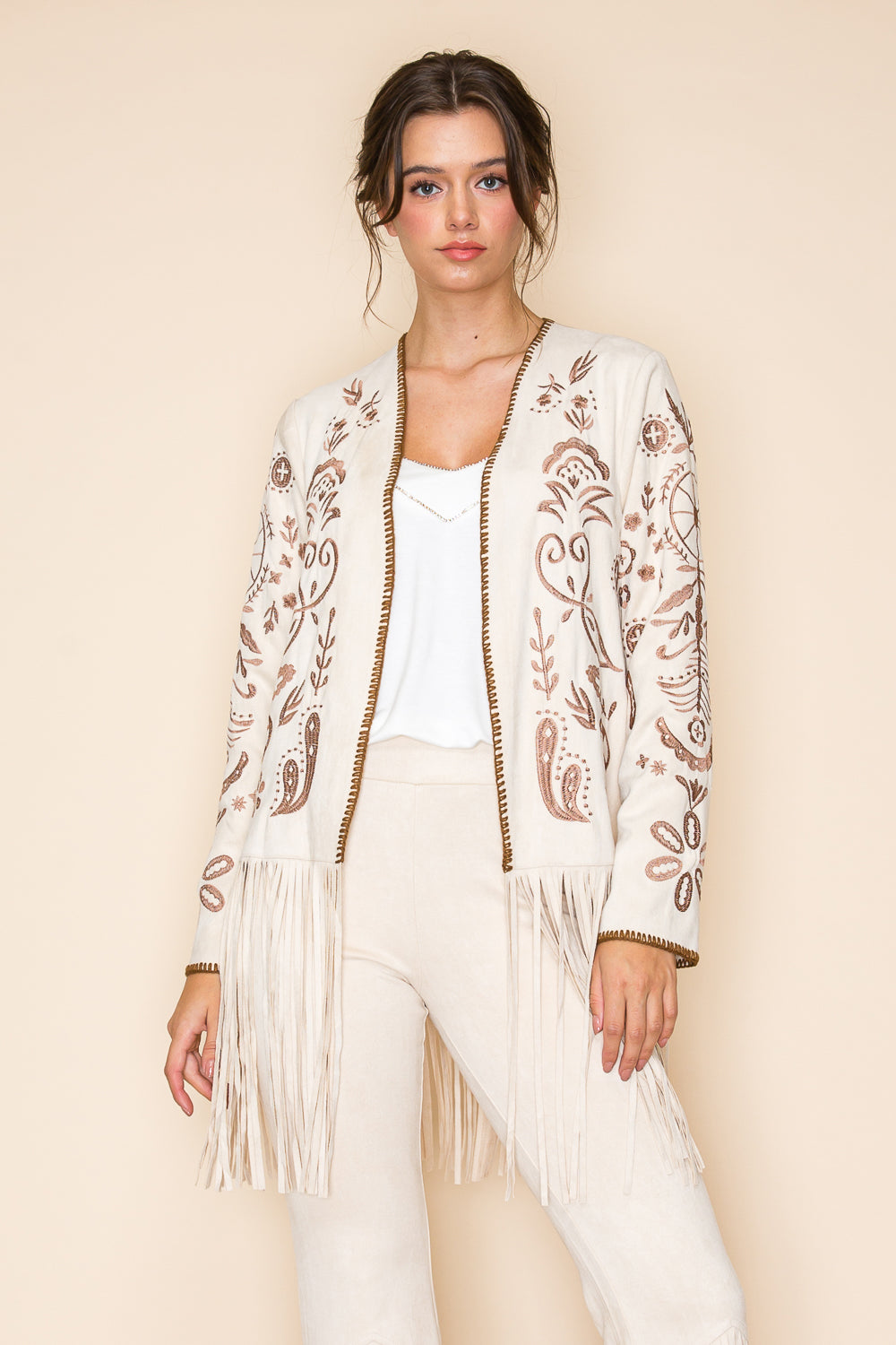 Natural Embroidered Suede Jacket with Fringe