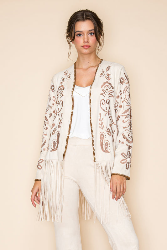Natural Embroidered Suede Jacket with Fringe