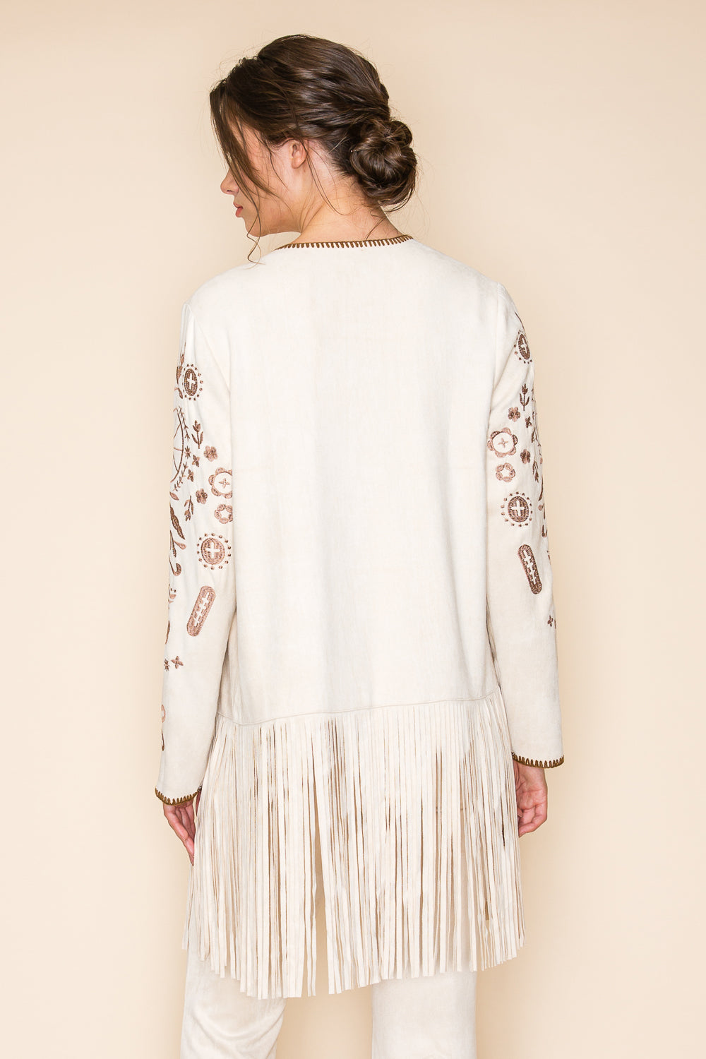 Natural Embroidered Suede Jacket with Fringe