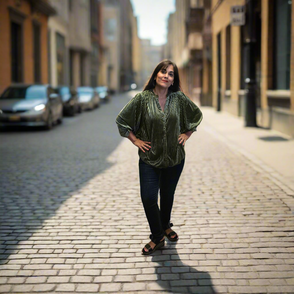 Velvet Batwing Button Down Olive Blouse