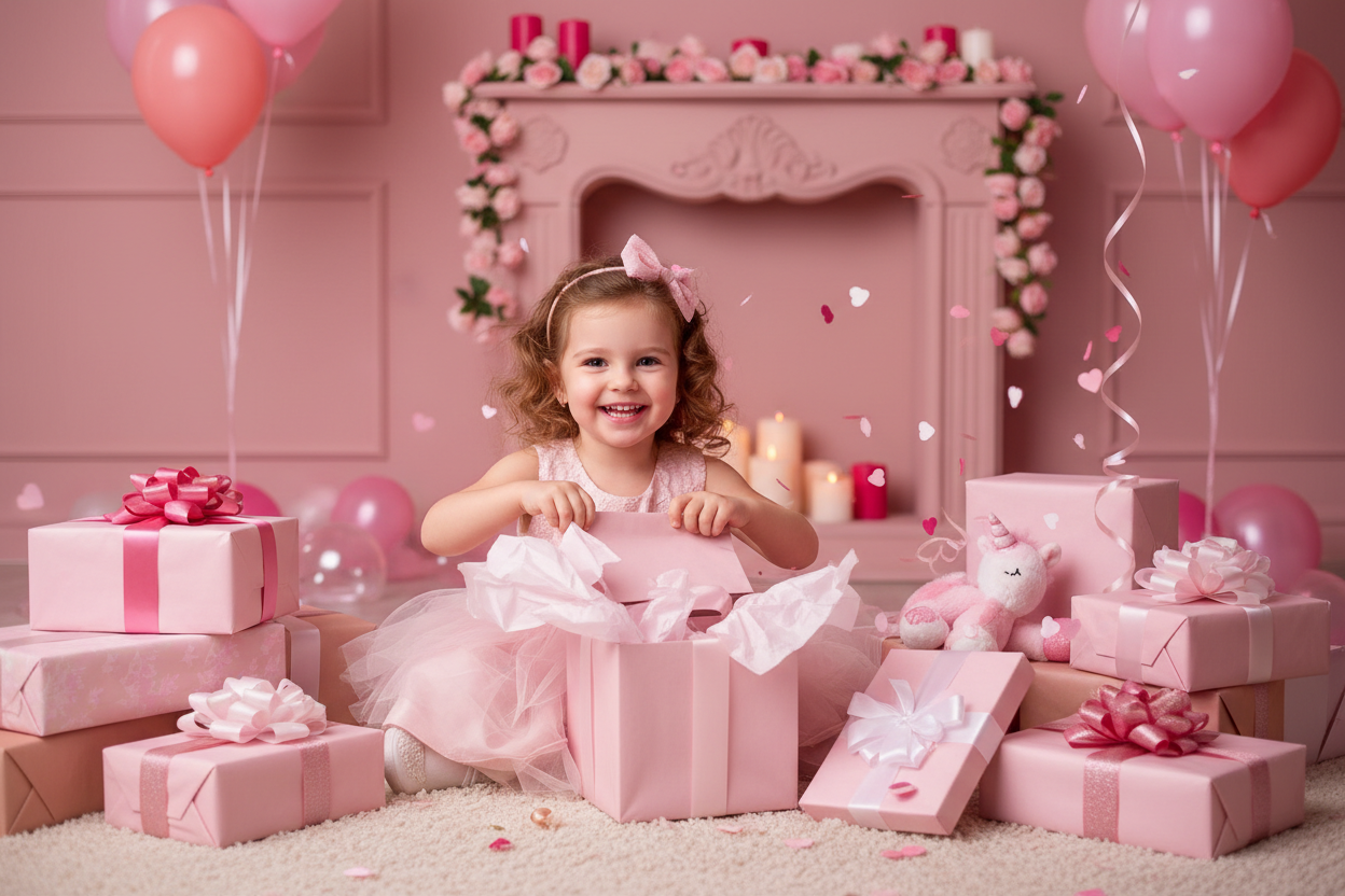 Little girl opening gifts in pink 