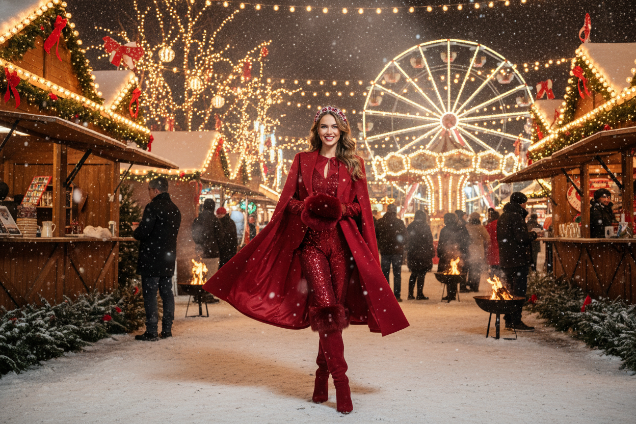 Model wearing red at winter carnival