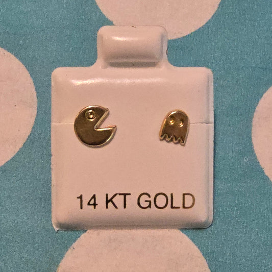 14 Karat Yellow Gold Pac Man Screw Back Earrings