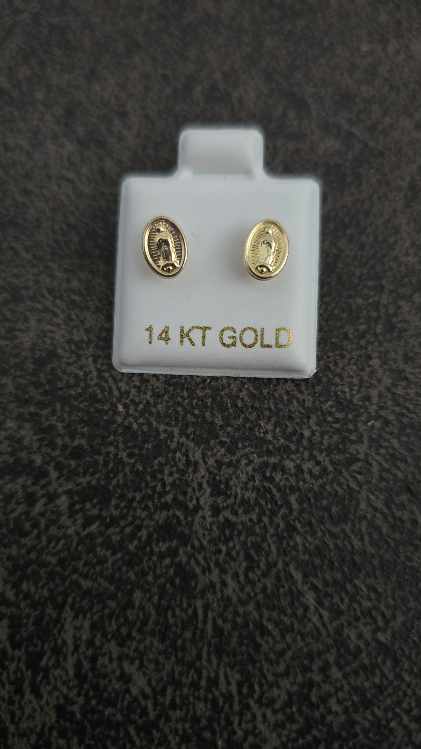 14 Karat Yellow Gold Oval Virgen of Guadelupe Screw Back Earrings