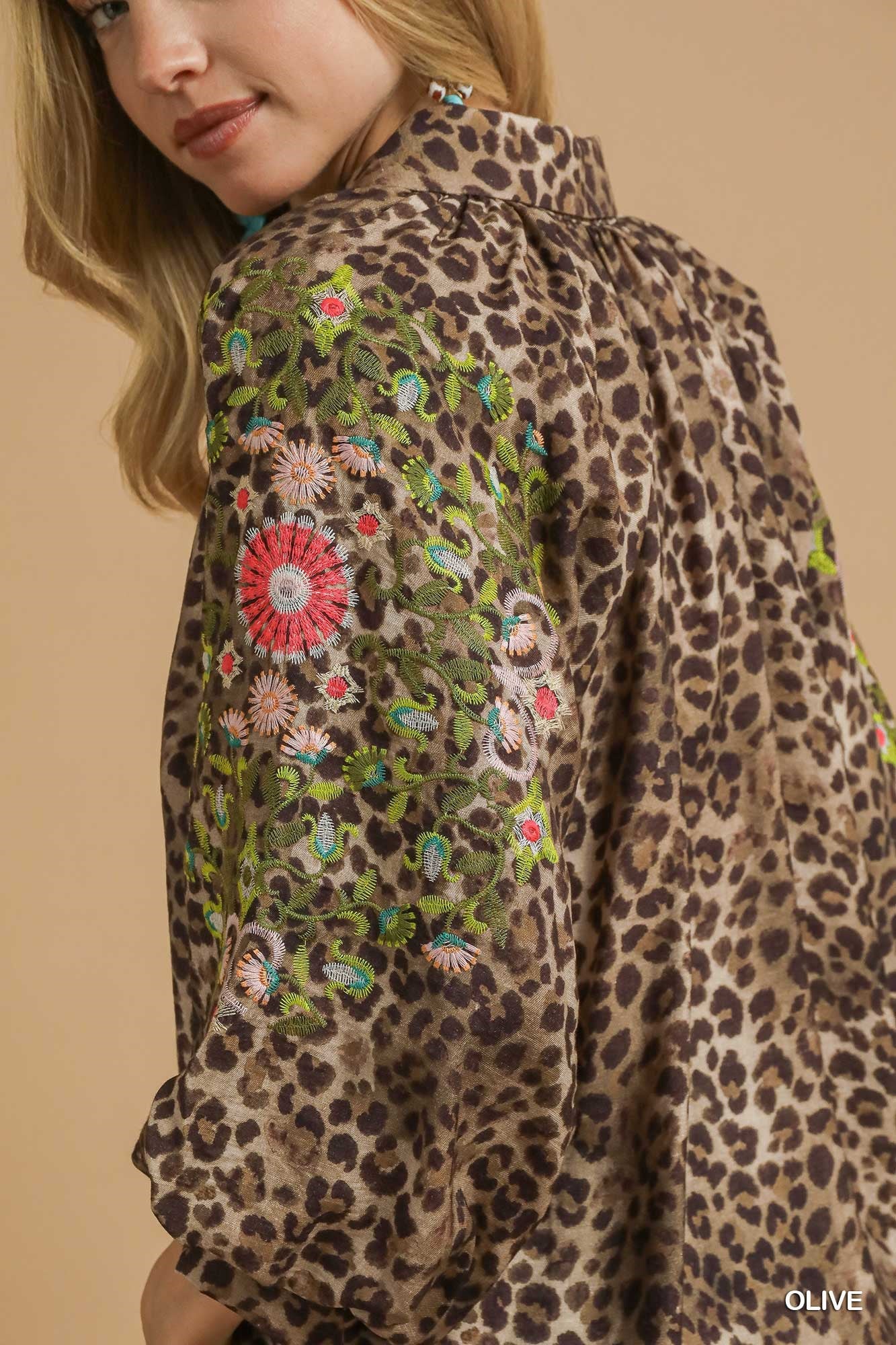 Leopard Print Top with Embroidered Sleeves