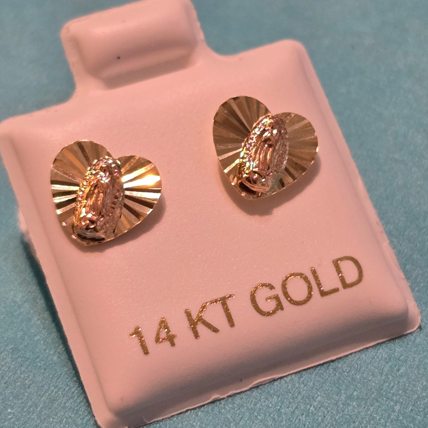 14 Karat Yellow Gold Heart Virgen of Guadelupe Screw Back Earrings