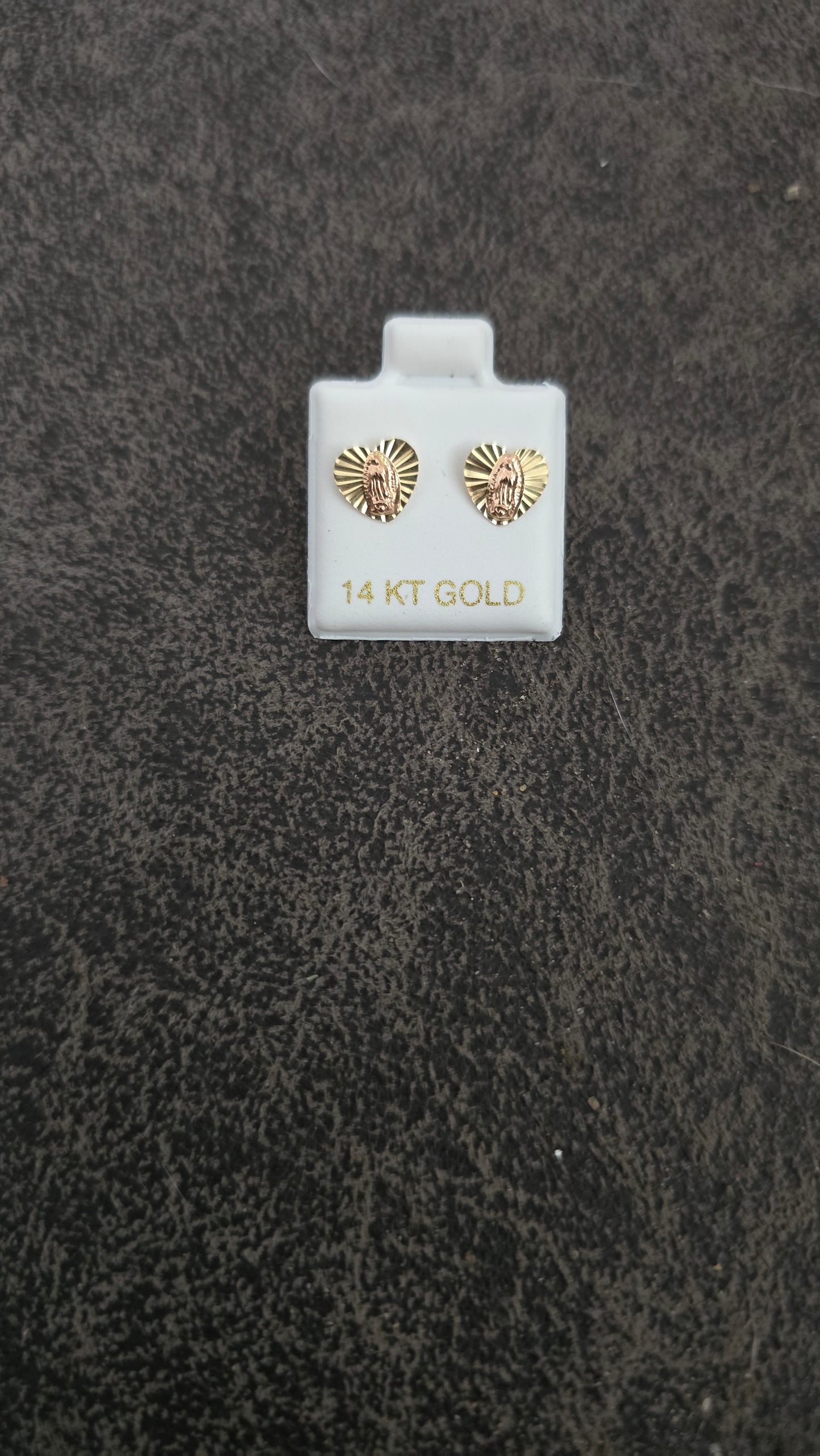 14 Karat Yellow Gold Heart Virgen of Guadelupe Screw Back Earrings