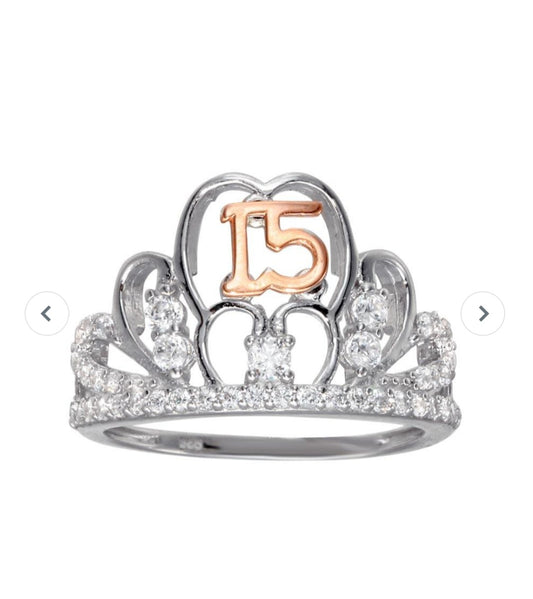 Two-Tone 925 Sterling Silver CZ Quinceanera Tiara Ring
