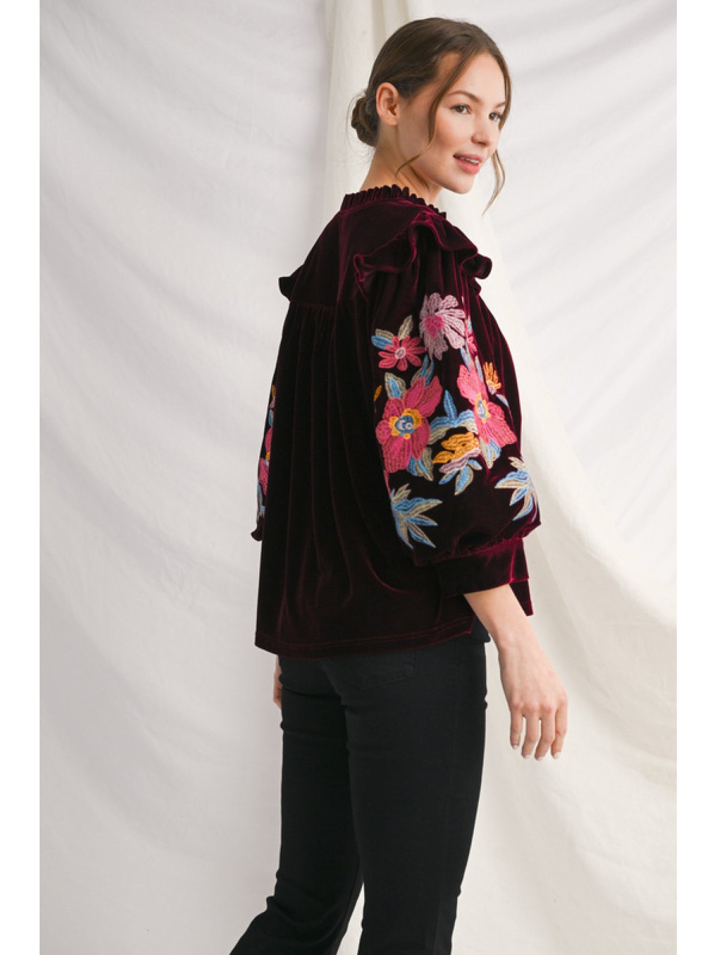 Floral Embroidery Velvet Top