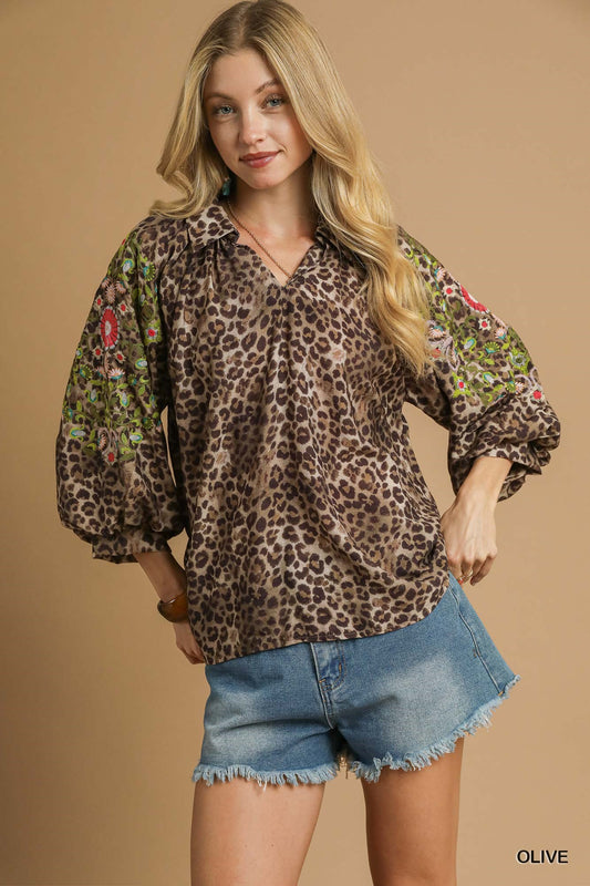 Leopard Print Top with Embroidered Sleeves