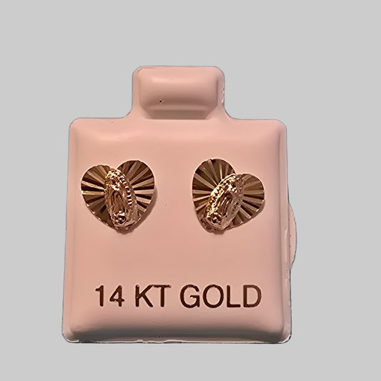 14 Karat Yellow Gold Heart Virgen of Guadelupe Screw Back Earrings