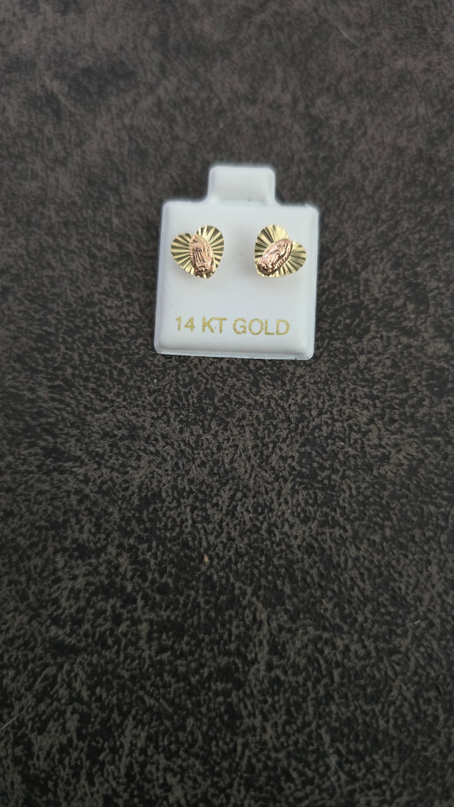 14 Karat Yellow Gold Heart Virgen of Guadelupe Screw Back Earrings