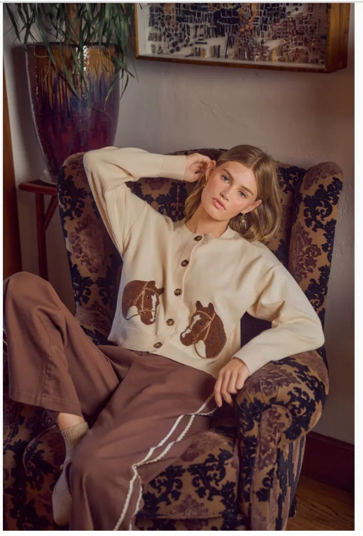 SoMe Jacquard Horse Graphic Long Sleeve Knit Sweater Cardigan
