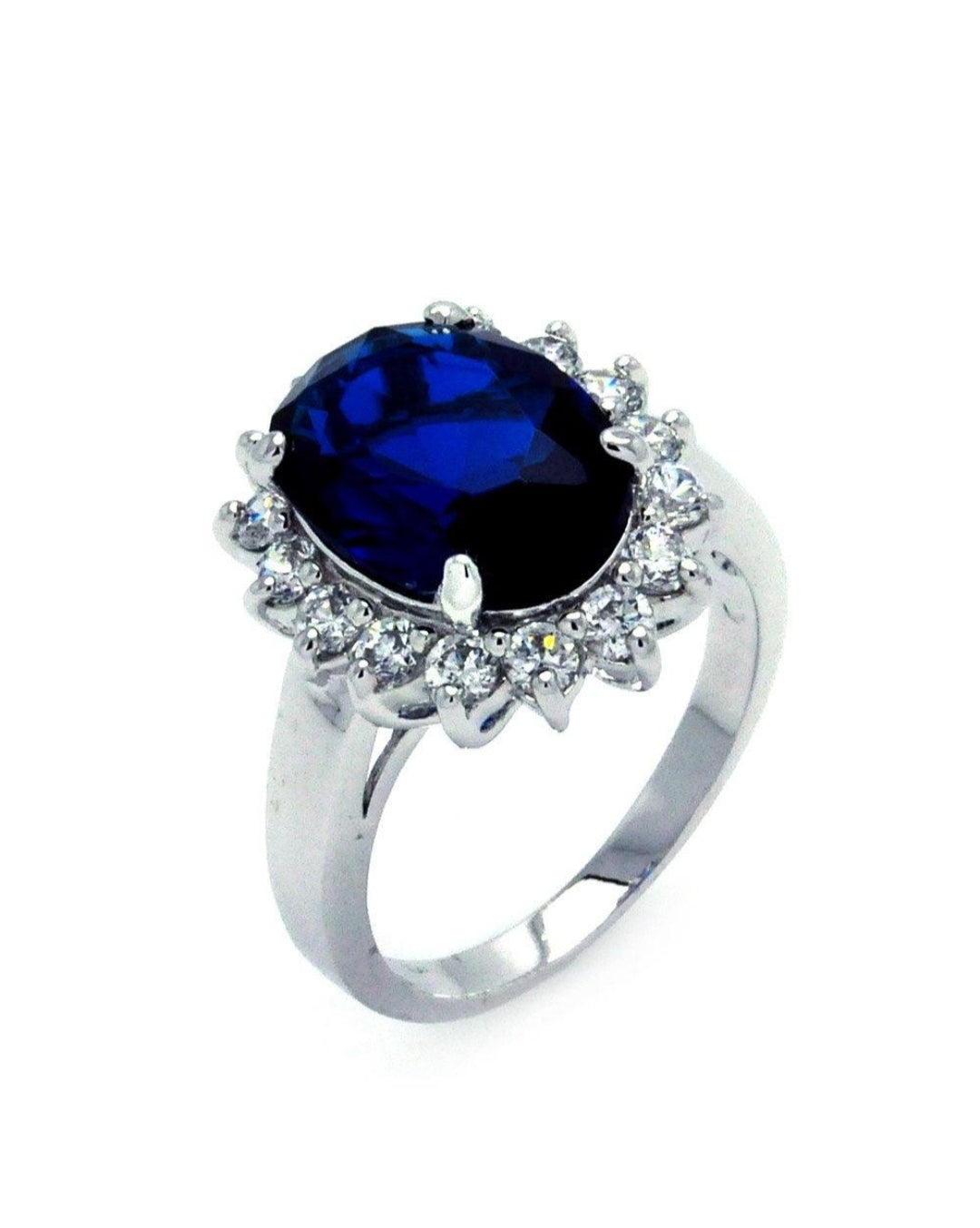Silver 925 Rhodium Plated Blue and Clear Cluster CZ Flower Ring