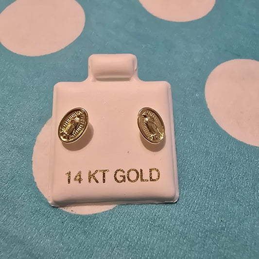 14 Karat Yellow Gold Oval Virgen of Guadelupe Screw Back Earrings