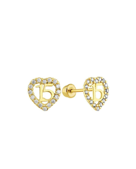 14 Karat Yellow Gold Heart CZ Quinceanera Screw Back Stud Earring