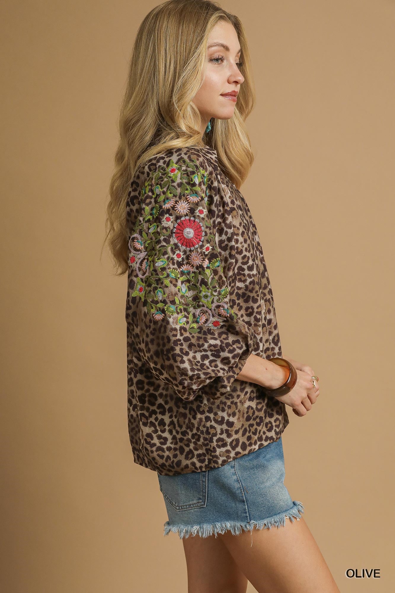 Leopard Print Top with Embroidered Sleeves