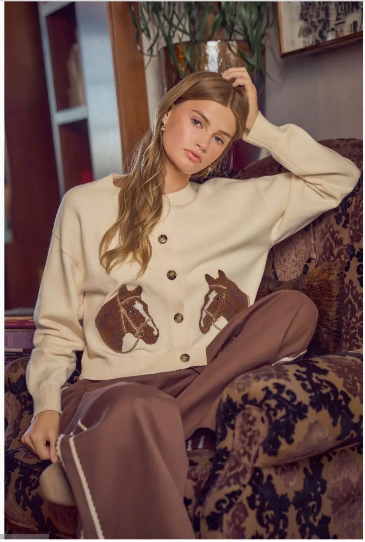 SoMe Jacquard Horse Graphic Long Sleeve Knit Sweater Cardigan