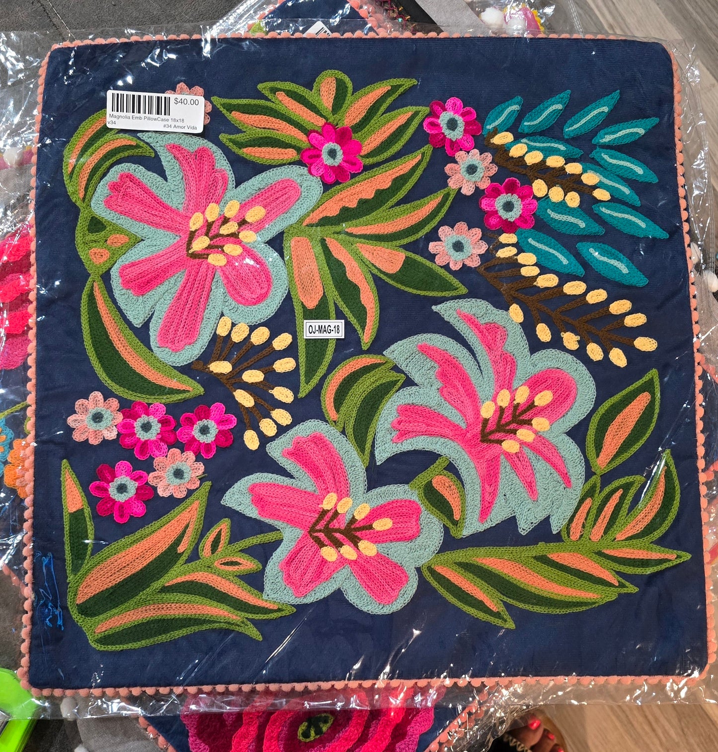Navy Floral Embroidery Pillowcase