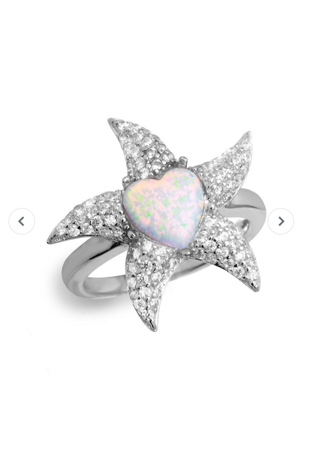 Silver 925 Rhodium Plated Starfish Ring with Synthetic Opal and CZ